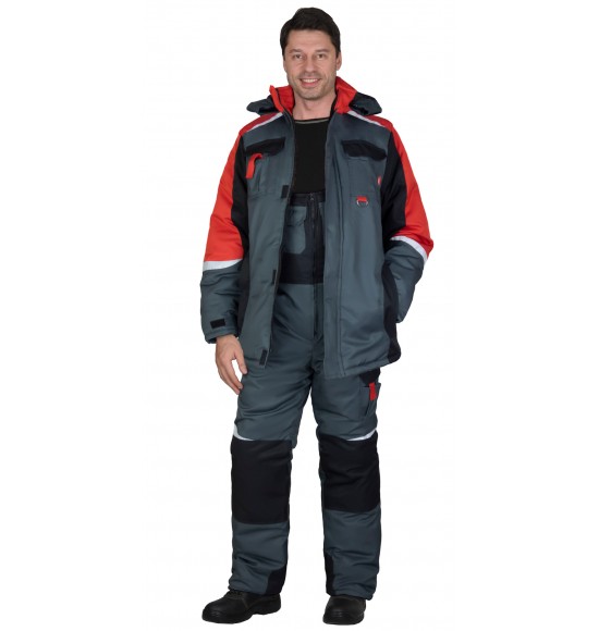 Костюм СИРИУС-ФАВОРИТ-МЕГА-РОСС зимний, куртка дл., п/к, тёмно-серый с красным, чёрным и СОП