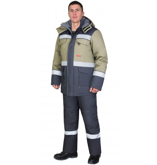 Костюм СИРИУС-ПАРИТЕТ зимний, куртка дл., брюки, тёмно-серый со светло-оливковым и СОП