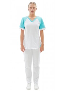 Костюм трикотажный Т-536 женский, блуза, брюки, белый с бирюзовым