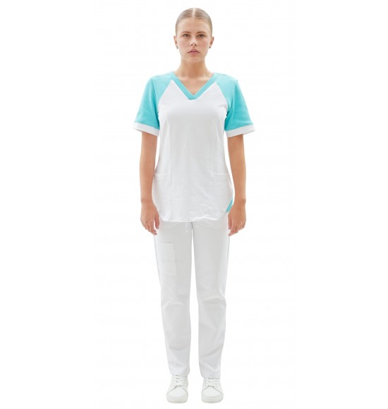 Костюм трикотажный Т-536 женский, блуза, брюки, белый с бирюзовым