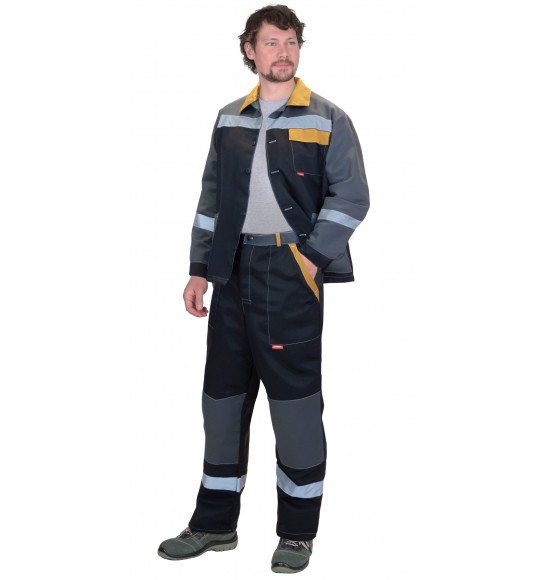 Костюм СИРИУС-ПРОФИЛЬ куртка, брюки, черный с темно-серым с горчичной отделкой и СОП