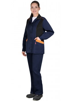 Костюм СИРИУС-ЗОЛУШКА женский, куртка, брюки, темно-синий с черным и оранжевой отделкой Костюм СИРИУС-ЗОЛУШКА женский, куртка, брюки, темно-синий с черным и оранжевой отделкой