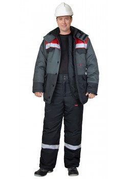 Костюм СИРИУС-ПАРИТЕТ-РОСС зимний, куртка длинная, брюки, черный с темно-серым, красным и СОП Костюм СИРИУС-ПАРИТЕТ-РОСС зимний, куртка длинная, брюки, черный с темно-серым, красным и СОП