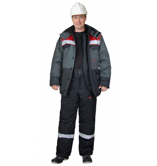 Костюм СИРИУС-ПАРИТЕТ-РОСС зимний, куртка длинная, брюки, черный с темно-серым, красным и СОП