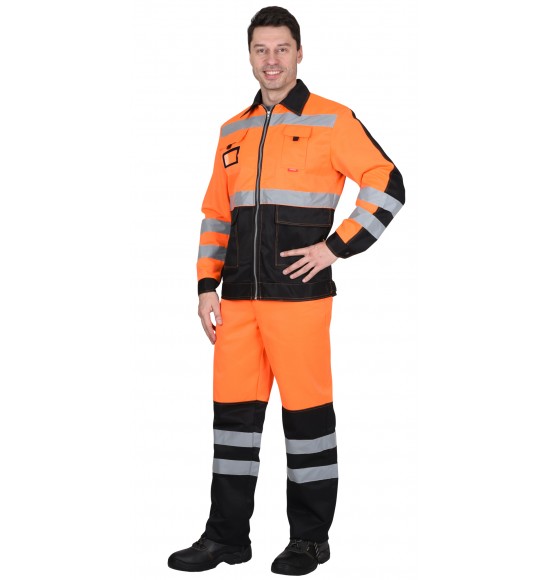 Костюм СИРИУС-МАГИСТРАЛЬ-ЛЮКС куртка кор. с бейджем, брюки, оранжевый с чёрным и СОП
