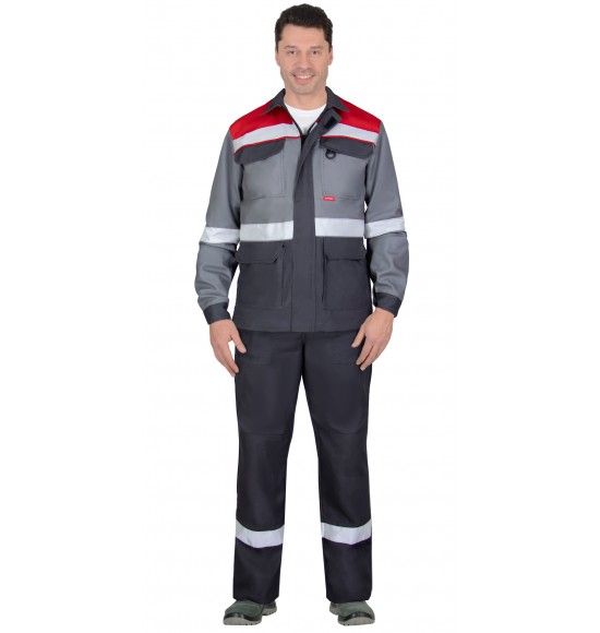 Костюм СИРИУС-ПАРИТЕТ куртка удлиненная, брюки, темно-серый со средне-серым, красным и СОП