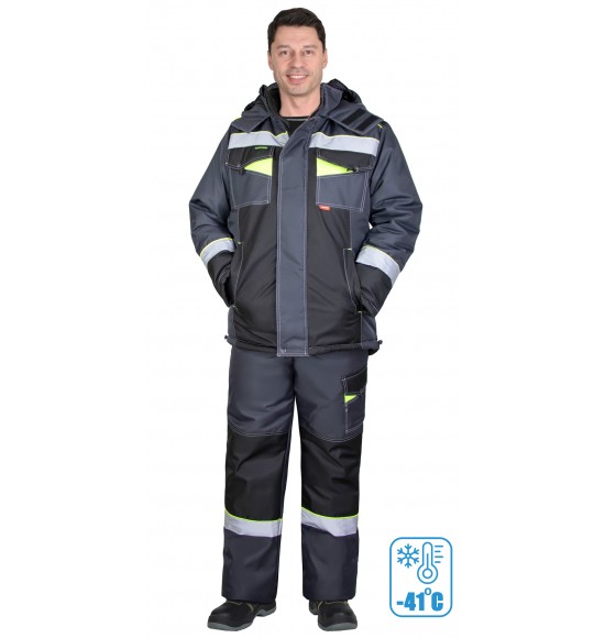 Костюм СИРИУС-ХОВАРД-М зимний, куртка длинная, брюки, темно-серый с черным, лимонной отделкой и СОП