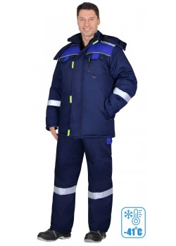Костюм СИРИУС-БОСТОН-РОСС зимний, куртка длинная, п/к, синий с васильковым, чёрной отделкой и СОП
