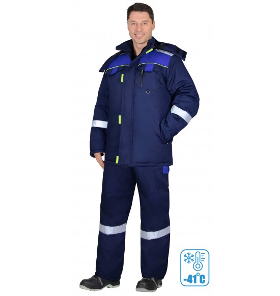 Костюм СИРИУС-БОСТОН-РОСС зимний, куртка длинная, п/к, синий с васильковым, чёрной отделкой и СОП