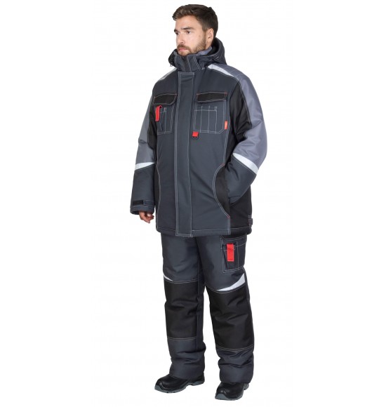 Костюм СИРИУС-ФАВОРИТ-МЕГА-М зимний, куртка дл., п/к, тёмно-серый с черным, средне-серой отд. и СОП