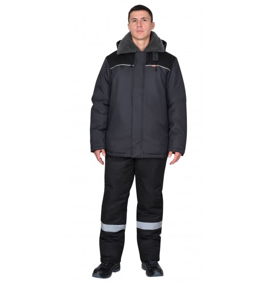 Куртка СИРИУС-МАСТЕР-М зимняя, муж. с мех. воротником и капюшоном, тёмно-серая с черым и СВ кантом