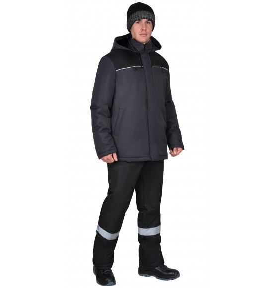 Куртка СИРИУС-МАСТЕР-М зимняя, тёмно-серая с чёрным и СВ кантом, с флисовым воротником и капюшоном