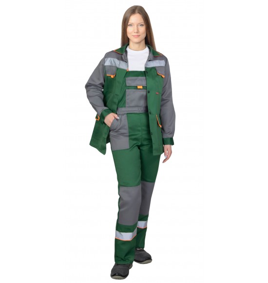 Костюм СИРИУС-УДАРНИЦА женский, куртка, п/к, зеленый со средне-серым с оранжевой отделкой и СОП