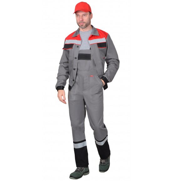 Костюм СИРИУС 4120 куртка, полукомбинезон средне-серый с красным и СОП